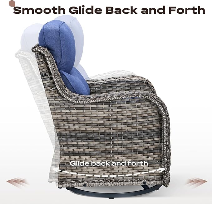 Rilyson Outdoor Patio Swivel Rocker Chairs Set of 2, Waterproof Wicker, High Back, Deep Seating, Wide Armrest, Upgraded 6 inch Thick Cushions, Side Table, Ideal for Deck Porch Yard, Mixed Grey-Blue