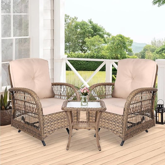 VIVIJASON 3-Piece Patio Wicker Conversation Bistro Set, Outdoor Rattan Glider Rocking Chairs, Wicker Rattan Furniture Set w/ 2 Rocking Chairs and Glass Top Side Table for Porch Backyard, Light Brown
