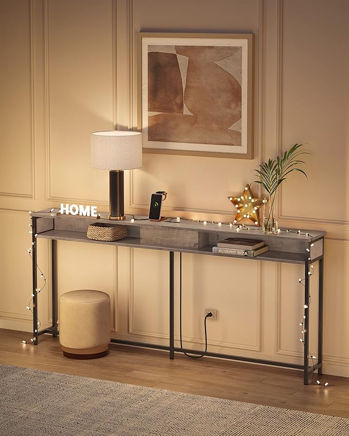 VASAGLE 70.9-Inch Console Table with Outlet and Shelves, Sofa Table with Charging Station, Behind Couch Table Skinny, Entryway Table for Hallway, Living Room, Heather Greige and Ink Black ULNT118B02