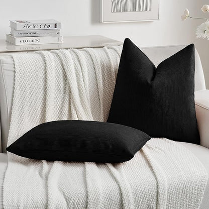 FUTEI Black Chenille Decorative Throw Pillow Covers 16x16 Inch Set of 2,Soft Cozy Striped Geometric Patterns Cushion Cases,Modern Home Decor for Couch Bed Living Room