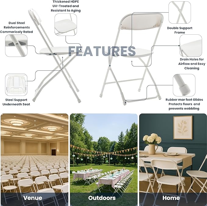 BTEXPERT Set of 6, Indoor Outdoor White Plastic Folding Chairs Stacking Steel Frame Commercial 650LB Weight Capacity Seating Home Yard Garden Wedding Event Party Picnic Dining Church School Portable