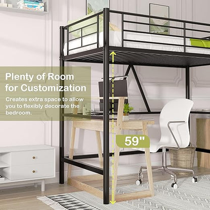 VECELO Metal Loft Bed Twin Size, Heavy Duty Bedframe with Removable Ladder and Safety Guardrail, Space-Saving, Noise Free, No Box Spring Needed, Black