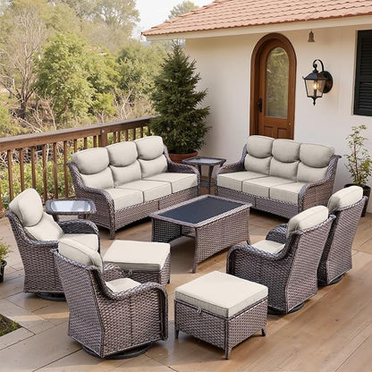 Belord Luxury 6" Thick Cushioned 11 Pieces Patio Furniture Set with Outdoor Couch, Wicker Outdoor Conversation Set with High Back Swivel Rocker Chairs for Deck Porch Yard and Poolside - Brown+Beige