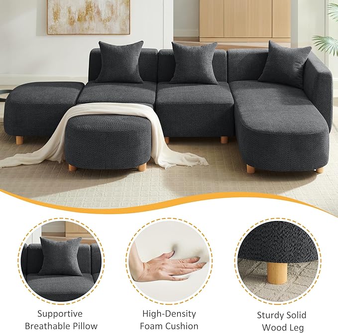 VANOMi 109.84" Modular Sectional Sofa with 3 Pillows, Convertible 5-Seater Comfy Boucle Cloud Couch with Ottoman, Modern Sectional Sofas for Living Room, Office, Apartment (Dark Gray)