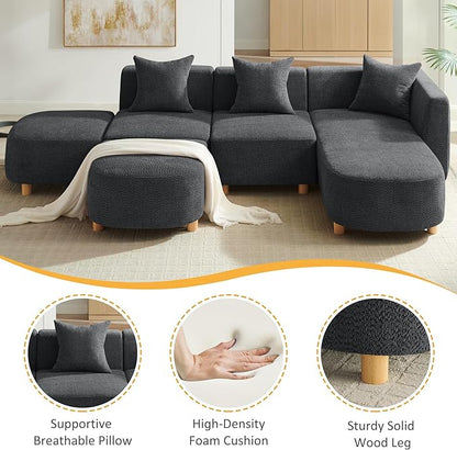 VANOMi 109.84" Modular Sectional Sofa with 3 Pillows, Convertible 5-Seater Comfy Boucle Cloud Couch with Ottoman, Modern Sectional Sofas for Living Room, Office, Apartment (Dark Gray)