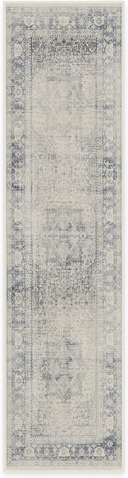RUGGABLE Washable Vintage Runner Rug – Kamran Blue Quartz 2.5x10, Stain-Resistant, Non-Slip Hallway Runner – Machine Washable Rug for Hallway, Entryway, Living Room & Kitchen–with Cushioned Pad