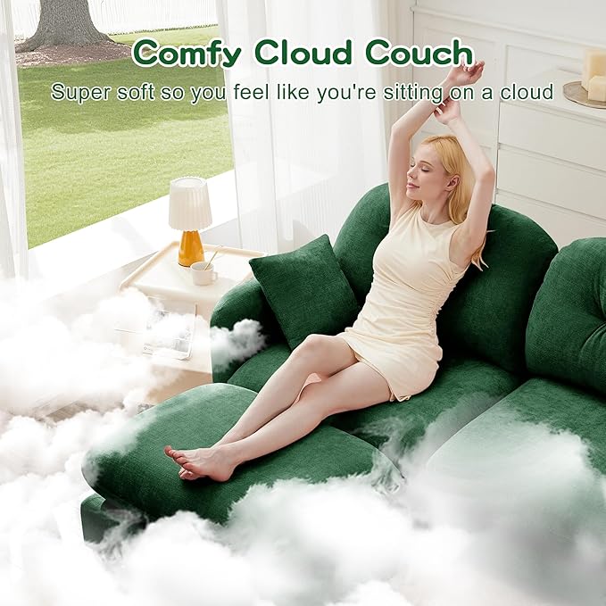 140" 4 Seater Couch for Living Room, Comfy Chenille Fabric Cloud Sectional Couch, Modern Upholstered Deep Seat Sofa with Armrest Pillow, Oversized Sectional Sofa, Green