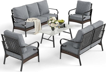 5 Piece Metal Outdoor Patio Furniture Set, Patio Conversation Set with 1 3-Seater Sofa, 2 Fixed Sofa with 5.75" Thick Cushion & Coffee Table, Black & Gray Backyard Furniture