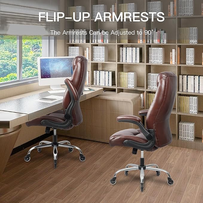 Big and Tall Office Chair for Heavy People, Executive Desk Computer Chair Adjustable Flip-up Armrests, PU Leather Swivel Task Chair with Ergonomic High Back and Lumbar Support（Brown