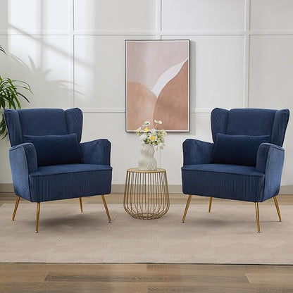 Corduroy Accent Living Room Arm Chair Set of 2 Mid Century Modern Chairs with Pillow & Golden Legs, 8.5" Thick Cushion, Upholstered Comfy Sofa Armchair for Reading Room/Bedroom, Blue
