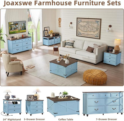 Farmhouse Dresser and Nightstand Sets, Wooden 7 Drawers Dresser & 24" Night Stand with 3 Drawers, 2 Piece Bedroom Furniture Set, Chest of Drawers for Bedroom, Home, Living Room, Hallway