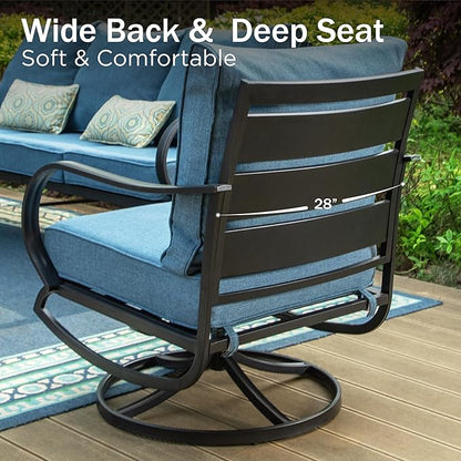 PHI VILLA 5 Piece Patio Furniture Set with 28" Firepit Table, 4 Outdoor 5.75" Cushioned Metal Frame Swivel Sofa Chairs & 28" Gas Firepit Table, Outside Furniture Set for Lawn Garden(Navy Blue)