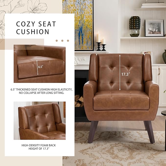 Faux Leather Accent Chairs Set of 4, Mid-Century Modern Upholstered Armchair, Comfy Living Room Chairs Reading Chairs with Button Tufted Back & Solid Wood Legs for Bedroom, Office, Coffee