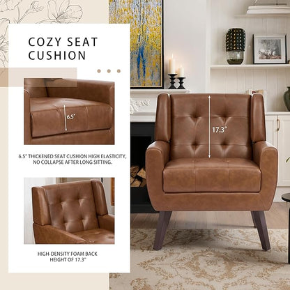 Faux Leather Accent Chairs Set of 2, Mid-Century Modern Upholstered Armchair, Comfy Living Room Chairs Reading Chairs with Button Tufted Back & Solid Wood Legs for Bedroom, Office, Coffee