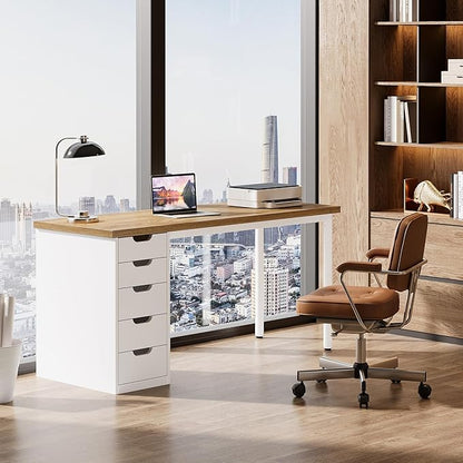 Tribesigns Modern Simple Computer Desk, 47 Inches PC Desk with 5 Reversible Drawers, Rustic Brown Study Writing Table Workstation for Home Office Small Spaces (Walnut+White)