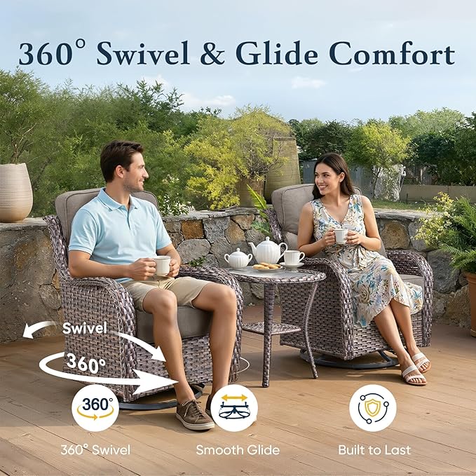 Belord Luxury 6" Thick Cushioned 10 Pieces Patio Furniture Set with Outdoor Couch, Wicker Outdoor Conversation Set with High Back Swivel Rocker Chairs for Deck Porch Yard and Poolside - Brown+Grey