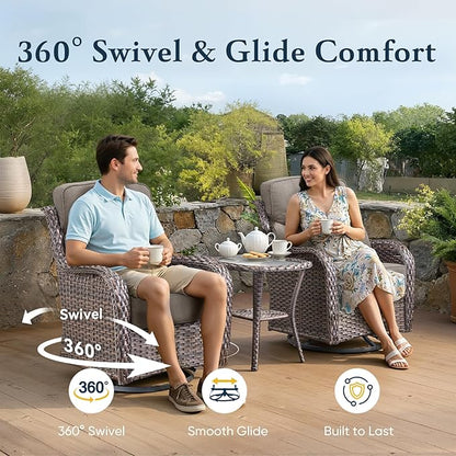 Belord Luxury 6" Thick Cushioned Outdoor Swivel Rocker Chairs Set of 4 with Fire Pit Table, High Back Wicker Patio Furniture Set with Ergonomic Zone Back, Conversation Set for Deck Porch - Brown+Grey