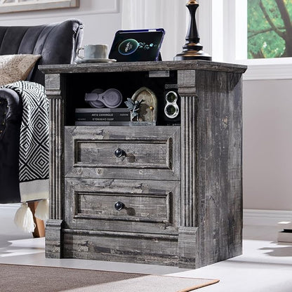 26" Tall 2 Drawers Dresser for Bedroom, Farmhouse 23.6" Wide Large Nightstand with Charging Station, Wood Rustic Side Table w/Roman Column, End Table for Bedroom, Living Room, Light Grey