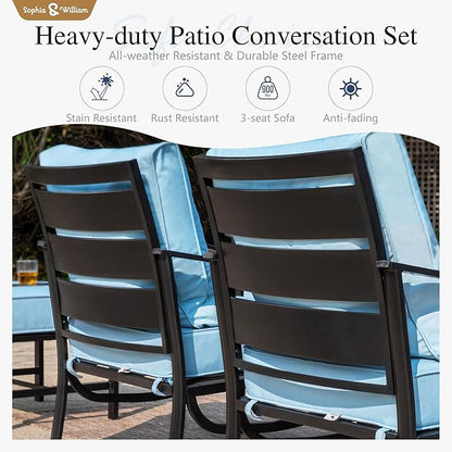 Sophia & William Patio Furniture Sets for 7 Outdoor Conversation Set 6 Pcs with 4 x Armrest Cushioned Sofa Chairs, 1 x 3-Seat Sofa, 1 Marbling Metal Coffee Table Garden Backyard Poolside Blue