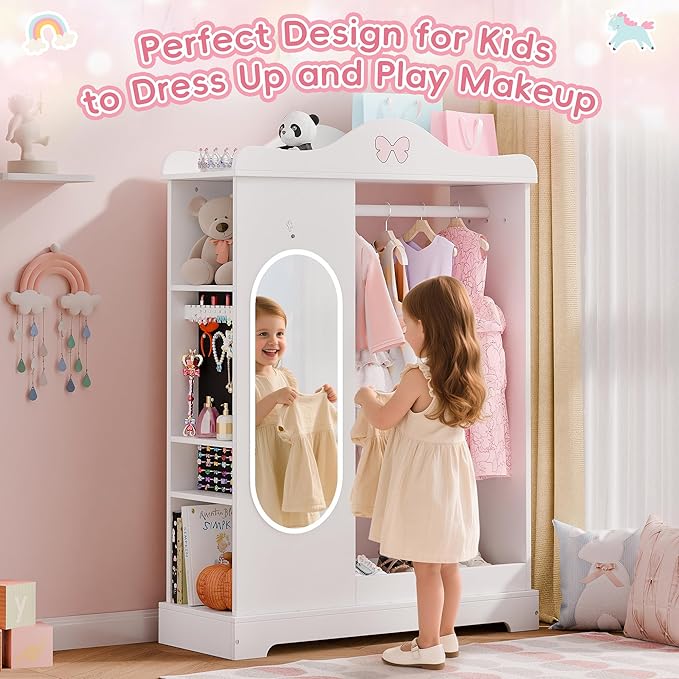 Xilingol Kids Armoire with a Jewelry Cabinet, Princess Dress Up Closet with Mirror, Kids Wardrobe Closet with Storage Shelves, Armoire Costume Organizer for Bedroom, Kids Room, Girl (White)