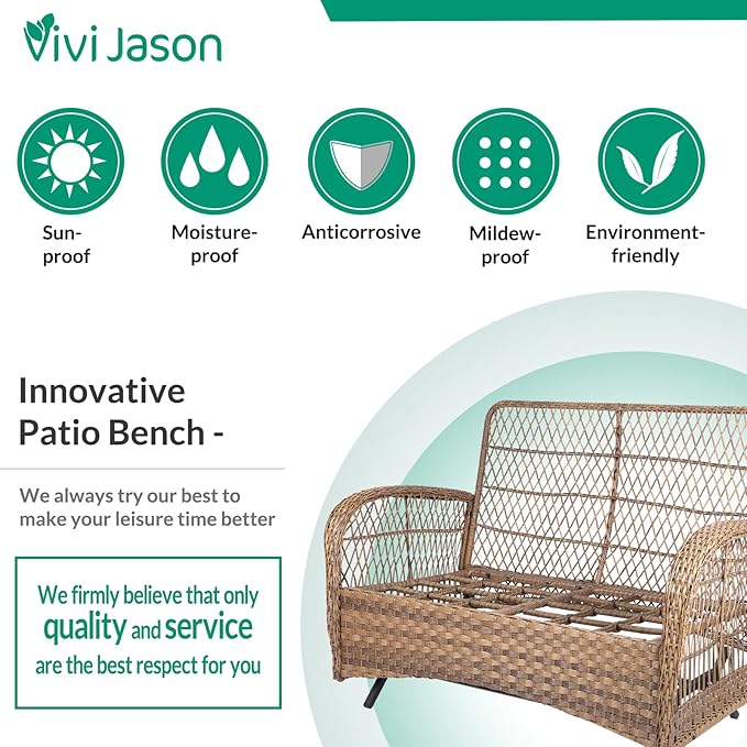 VIVIJASON 2-Piece Patio Wicker Loveseat Glider Set Cushioned, Outdoor Conversation Furniture Sets with 2-Seater Glider Rocking Bench, Coffee Table and Cushions for Porch Garden Poolside, Light Brown