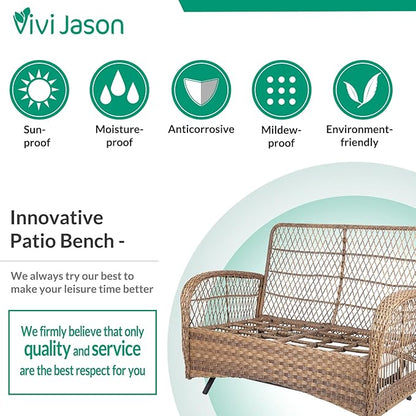 VIVIJASON 2-Piece Patio Wicker Loveseat Glider Set Cushioned, Outdoor Conversation Furniture Sets with 2-Seater Glider Rocking Bench, Coffee Table and Cushions for Porch Garden Poolside, Light Brown