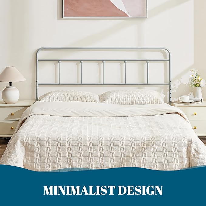Metal Full Size Headboard, Sturdy and Durable Iron Headboard Adjustable Height from 34” to 44”, Victorian Vintage Full XL Bed Headboards, Farmhouse Head Board, Bed Frame Mount Grey