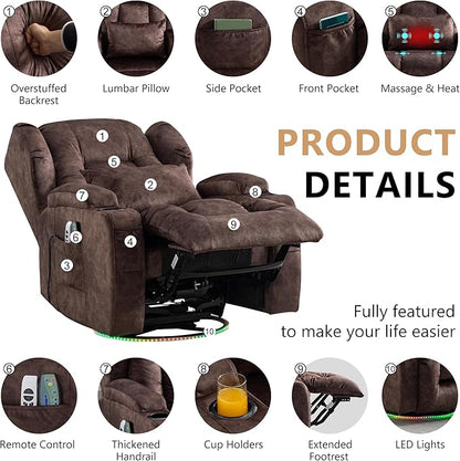 Power Swivel Rocker Recliner Chairs, Electric Wall Hugger Reclining Sofa with Massage & Heat, Comfy Theater Seating Single Sofa with LED Light/USB/Type-C Ports (Velvet Brown, Single Chair)