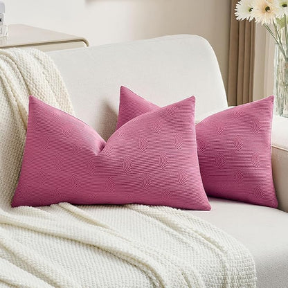 FUTEI Hot Pink Chenille Decorative Throw Pillow Covers 12x20 Inch Set of 2,Soft Cozy Striped Geometric Patterns Lumbar Pillow Cases,Modern Home Decor for Couch Bed Living Room