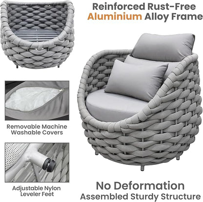 Woven Rope Patio Furniture Set: 4 Pieces Aluminum Outdoor Conversation Sofa Set Assembled - Modern Couch Set Cushioned - All Weather Metal Porch Seating for 5 Person Deck Garden Pool Hotel, Gray