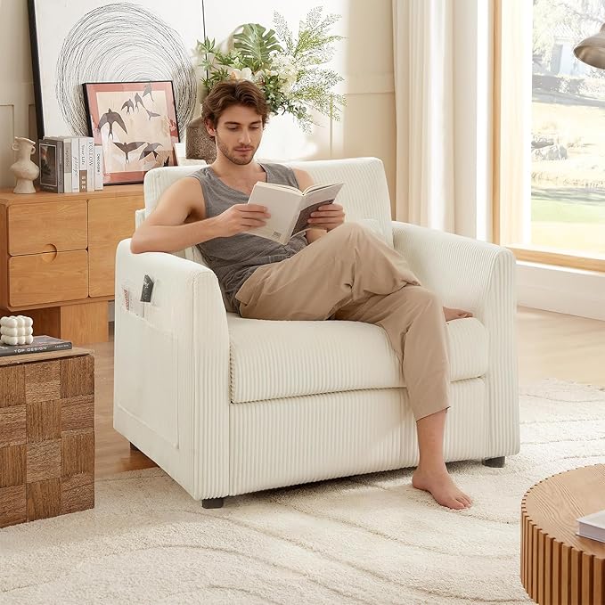 Modern Corduroy Accent Chairs, 38" W Comfy Armchair with Soft Pillows and Side Pockets, Single Reading Chairs for Living Room, Bedroom, Apartment, Beige