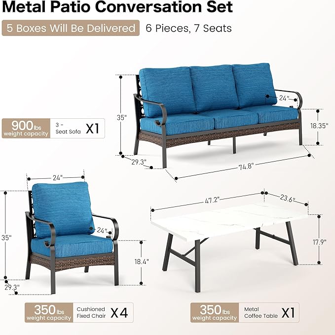 6 Piece Metal Outdoor Patio Furniture Set, Patio Conversation Sets with 3-seater Couch, 4 Single Sofa (5.75" Extra Thick Cushion) & Coffee Table, Black Frame Backyard Furniture, Blue-2