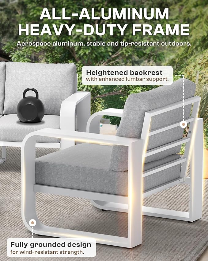 Aluminum Outdoor Patio Furniture Set 4 Piece, Oversized Patio Conversation Sets Widened Armrest & Ultra-Thick Cushions, Deep Seating Modern Sectional Furniture for Backyard, Deck, White