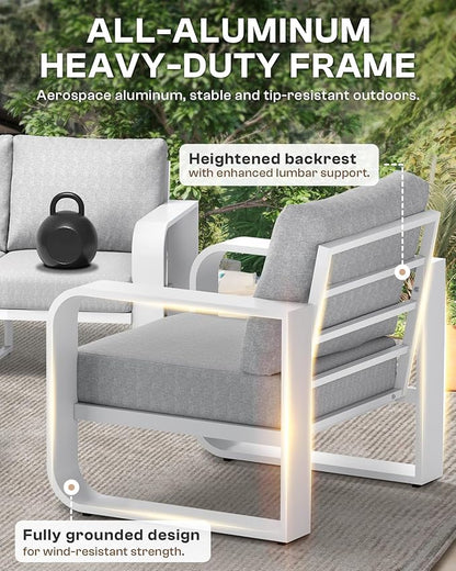 Aluminum Outdoor Patio Furniture Set 4 Piece, Oversized Patio Conversation Sets Widened Armrest & Ultra-Thick Cushions, Deep Seating Modern Sectional Furniture for Backyard, Deck, White