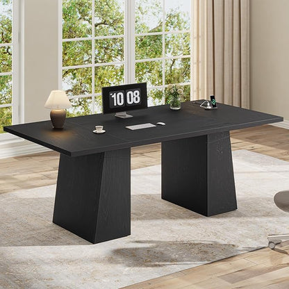 63 in Executive Desk with Power Outlets, Modern Home Office Desk with Storage Cabinet, Wood Computer Desk Business Workstation Desk Conference Table (Black)
