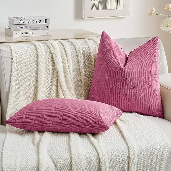 FUTEI Hot Pink Chenille Decorative Throw Pillow Covers 18x18 Inch Set of 2,Soft Cozy Striped Geometric Patterns Cushion Cases,Modern Home Decor for Couch Bed Living Room