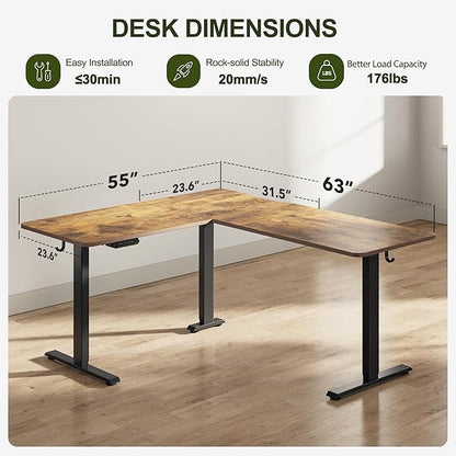 BANTI L-Shaped Standing Desk - 63 x 55 Inch Adjustable Corner Standing Desk with Charging Station - L Shape Sit Stand Table with Memory Controller, Splice Board for Home Office