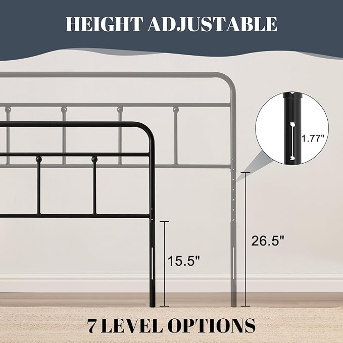 Metal King Size Headboard Only, Sturdy and Durable Iron King Headboard Adjustable Height from 34” to 44”, Victorian Vintage Bed Headboards, Farmhouse Head Board, Bed Frame Mount Black