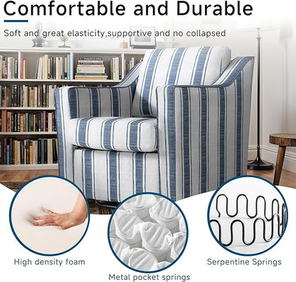 Pia Ricco 360° Swivel Accent Chair, Oversized Modern Striped Fabric Armchair with Removable Cover for Living Room and Reception,Navy