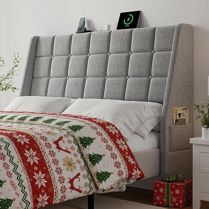 Ergonomic Upholstered Headboard Queen Size w/Charging Station, Linen Wingback Headboards w/Storage Pocket, Queen Headboard Only, Bed Frame Adapters, Sturdy Stable Solid Wood Bed Head Board, Light Grey