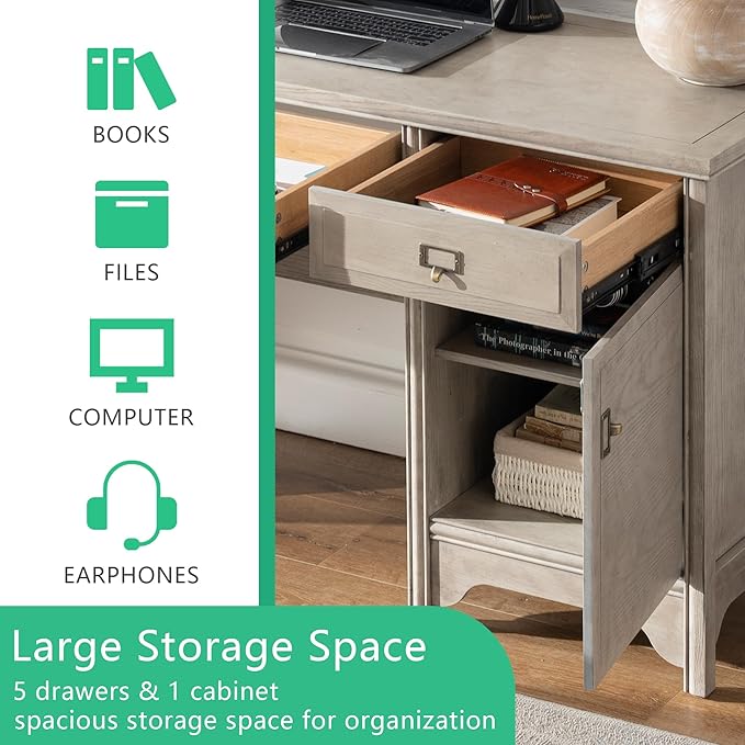 Chogori 55" Solid Wood Executive Desk, Farmhouse Office Computer Desk with 5 Drawers & Storage Cabinet, Wooden Writing Table for Home Office Study Bedroom,Gray