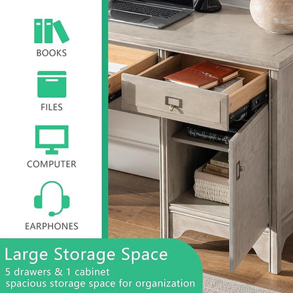 Chogori 55" Solid Wood Executive Desk, Farmhouse Office Computer Desk with 5 Drawers & Storage Cabinet, Wooden Writing Table for Home Office Study Bedroom,Gray