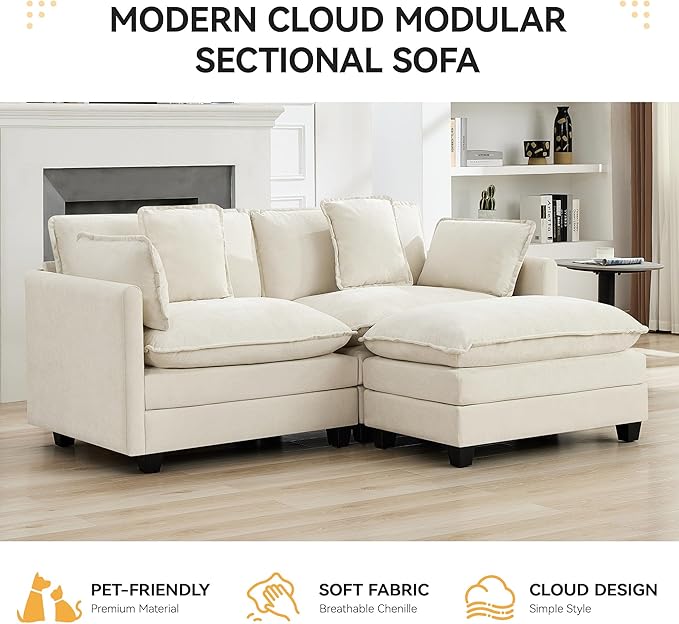 76'' Cloud Deep Seat Loveseat Sofa, Upholstered Chenille Modular 3-Seats Sectional Sofa Couch with Movable Ottoman, Modern Comfy Settee Loveseat for Living Room Set, Small Apartment, Beige