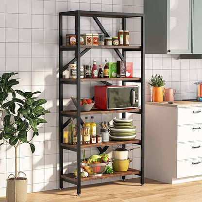 Tribesigns 71 Inch Industrial Bookshelf, 6 Shelf Etagere Bookcase, Free Standing Open Book Shelves Storage Display Shelf, Wood Shelving Units Organizer Rack for Bedroom Home Office Living Room
