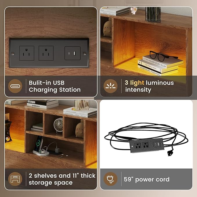 Apicizon 65" Queen Size Storage Headboard, Wood Headboard with Charging Station, Queen with Power Outlets, Ajustable LED Lights for Bedroom, Brown