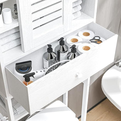 IRONCK Over The Toilet Storage Rack with Cabinet and Drawer, 6 Tier Bathroom Organizer Shelves Space Saver with Adjustable Shelf, Sliding Door, Paper Hook, White