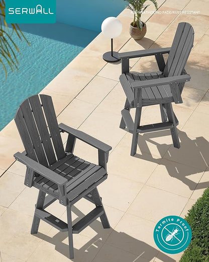 SERWALL 3-Piece Swivel Adirondack Bar Set, HDPE Swivel Bar Height Chairs Set of 2 with Bar Table, All-Weather Outdoor Barstools for Patio, Poolside, Garden, Grey