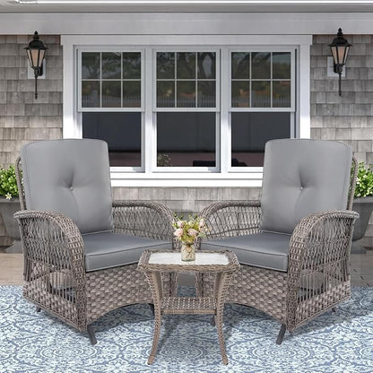 VIVIJASON 3-Piece Outdoor Patio Furniture Set, Outdoor Wicker Glider Rocking Chairs Rattan Conversation Bistro Sets w/ 2 Rattan Cushioned Chairs and Glass Top Side Table for Porch Backyard, Grey