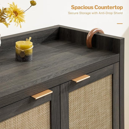SICOTAS Shoe Storage Cabinet Set of 3, Large Capacity Rattan Shoe Cabinet for Entryway, 6-Tier 41" Tall Shoe Cabinet, Farmhouse Wooden Storage Cabinet for Living Room Hallway, Black Oak