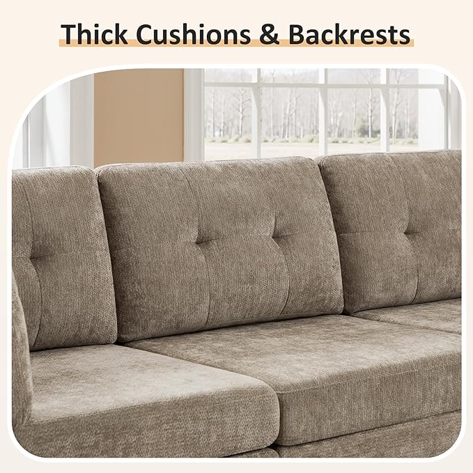 VANOMi 6 Seat Modular Cloud Sofa with 2 Ottomans, 118" Convertible Modular Sectional Sofa Bed, Comfy Chenille Sofas & Couches for Living Room, Apartment, Office, Camel, Large Sofa Bed